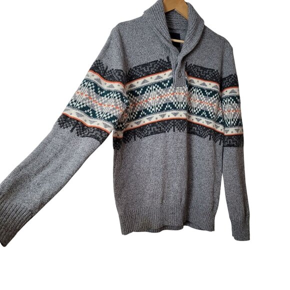 American Eagle Mens Gray Fair Isle Shawl Collar Sweater L Cotton/Wool Blend EUC - Picture 5 of 14